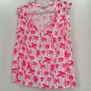 Vineyard Vines Palm & Plumeria Knock Out Pink Ruffled Sleeve Top - Size L